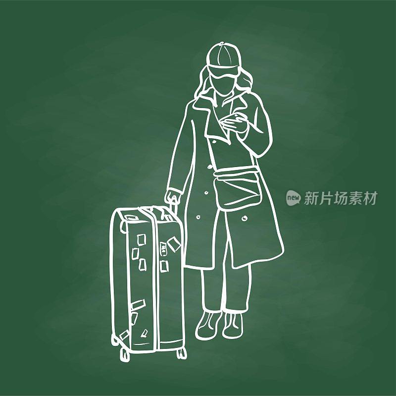 在手机黑板上带着行李旅行的女人