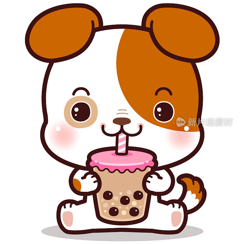 可爱的卡通小狗吃珍珠奶茶。