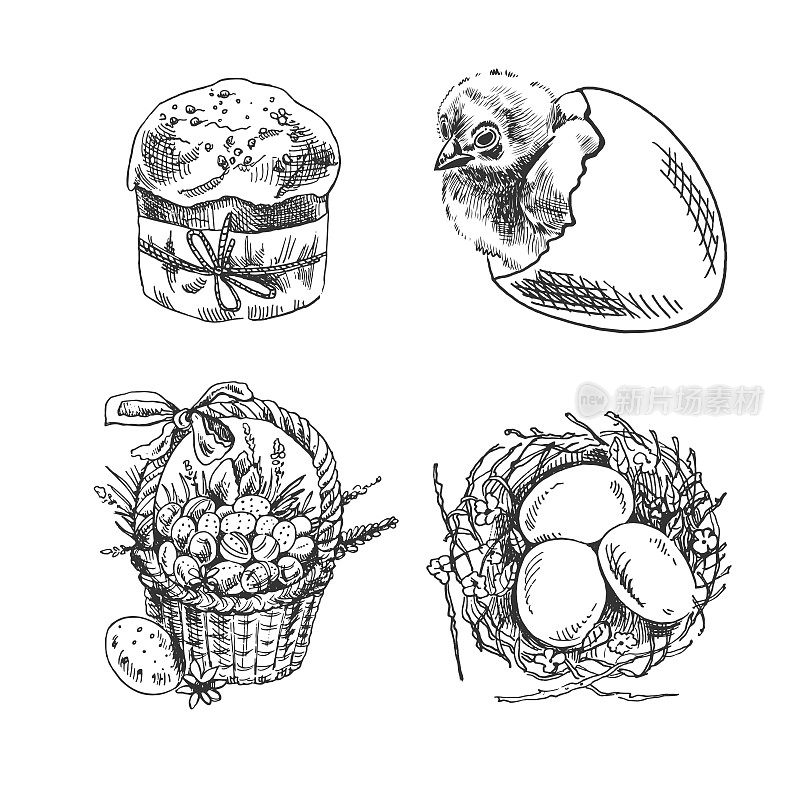 一个手绘素描复活节假期集。鸡在壳里，窝里有蛋，篮子里有复活节蛋，复活节蛋糕。矢量插图。黑白复古画。