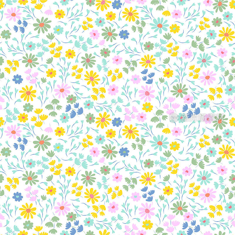 白色背景上彩色可爱的小花图案。复古柔和的颜色漂亮的黄色，粉红色，蓝色的小花。凌乱的印花设计