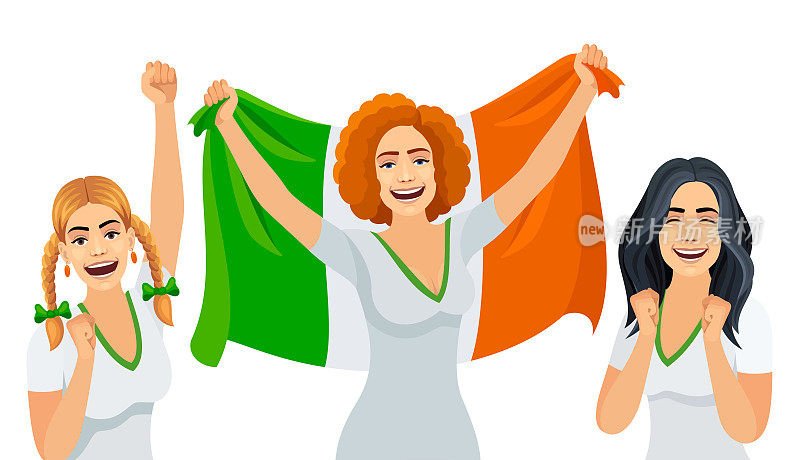 举着武器和爱尔兰国旗的多民族妇女团体。美女展示爱尔兰国旗。爱爱尔兰的概念。