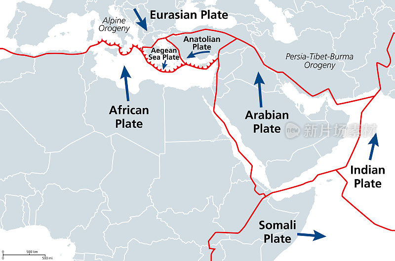 地中海盆地，中东和北非，构造图