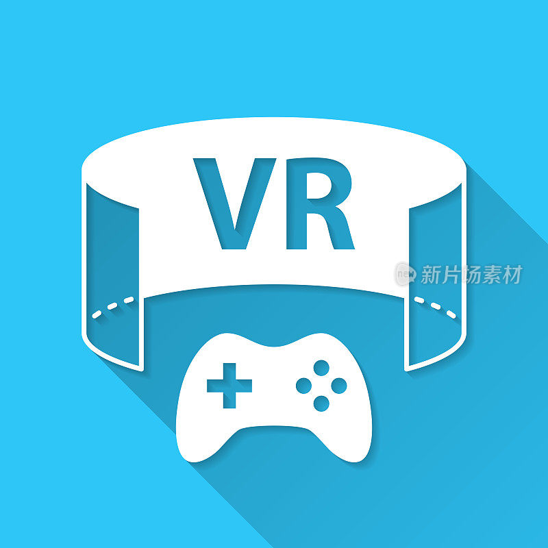 VR游戏-虚拟现实游戏。图标在蓝色背景-平面设计与长阴影