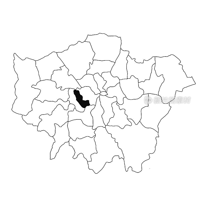 大伦敦省的肯辛顿和切尔西地图，白色背景。英格兰大伦敦行政地图上以黑色突出显示的单个郡地图。
