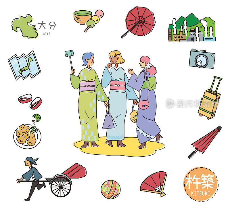 日本大分市Kitsuki著名观光标志和一群身穿和服的女性朋友(线条画)