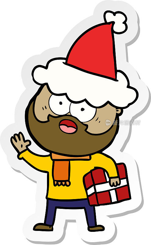手绘贴纸卡通的胡子男子与目前戴着圣诞老人的帽子