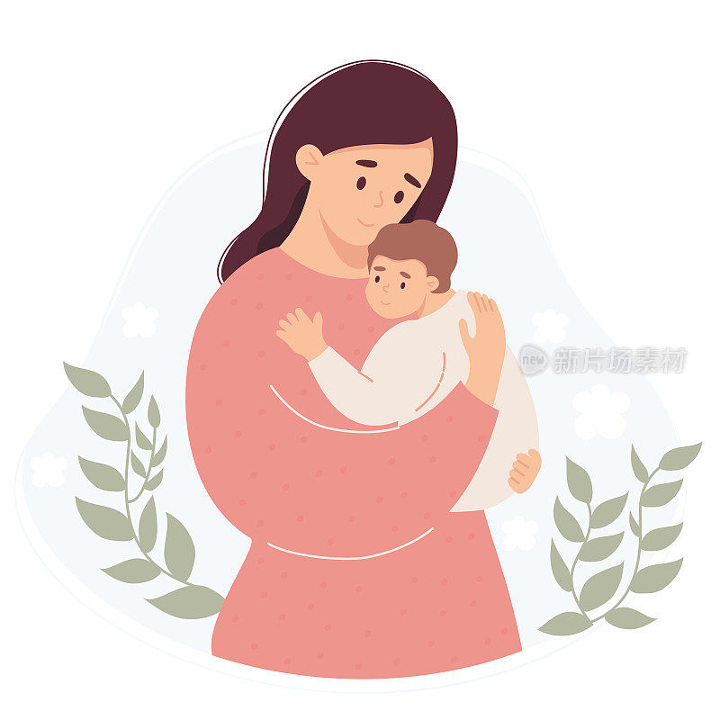快乐的女孩有了新生儿。可爱的女人温柔地把婴儿抱在怀里。平面风格的矢量插图。母亲节，父母，母性概念。