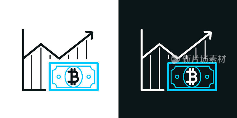 比特币纸币的增长图表。黑色或白色背景上的双色线条图标-可编辑笔触