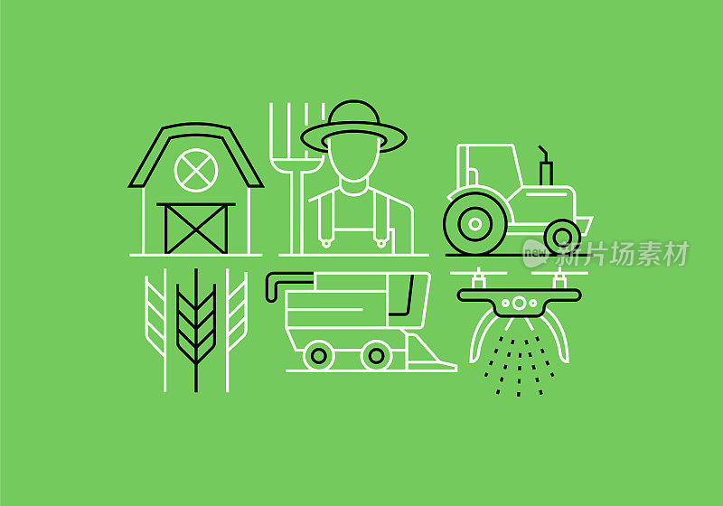 农业与农业相关的线路横幅设计。农民，牲畜，拖拉机，播种
