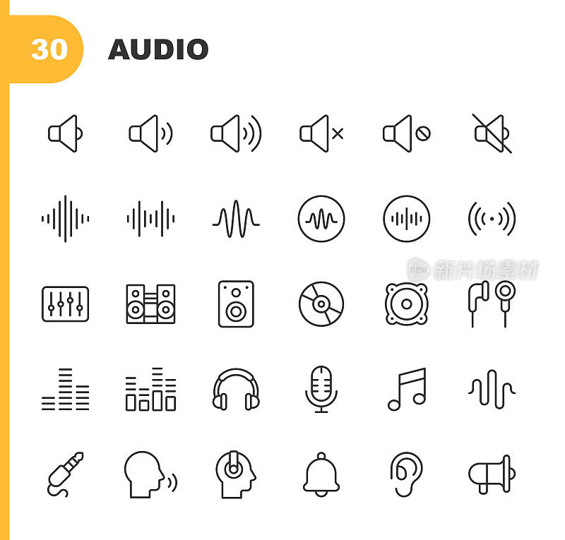 音频线路图标。可编辑的中风。包含声音，音量，静音，音乐，声波，频率，立体声，混音器，扬声器，耳机，音乐，收音机，麦克风，耳机，说话，耳朵等图标。