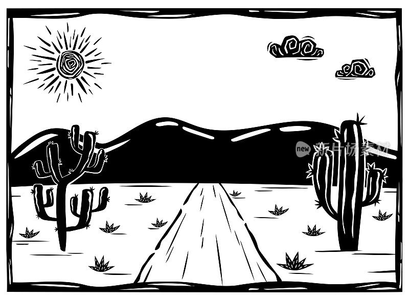 沙漠里炙热的太阳。国家的道路。矢量木刻插图在巴西科德尔风格