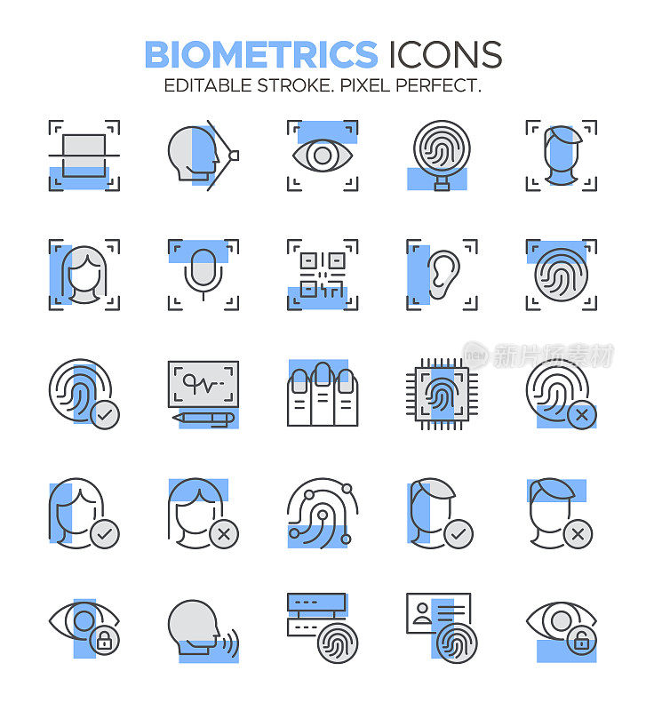 生物识别图标集-指纹，虹膜扫描，身份验证和传感器符号