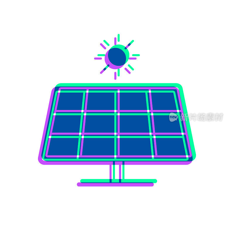 太阳能电池板与太阳。图标与两种颜色叠加在白色背景上