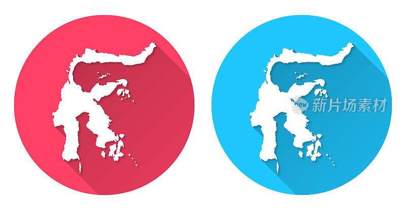 苏拉威西岛的地图。圆形图标与长阴影在红色或蓝色的背景