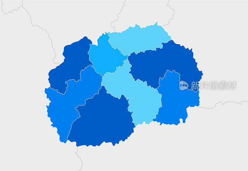高详细的北马其顿蓝色地图与地区和国界希腊,阿尔巴尼亚,科索沃,保加利亚,黑山,塞尔维亚