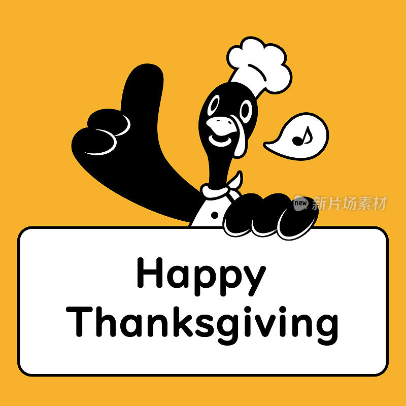 可爱的单色设计，一个火鸡厨师竖起大拇指，拿着感恩节的问候标志