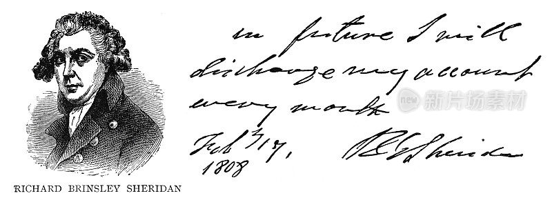 1808年，理查德・布林斯利・谢里丹的肖像，带有手写文字和签名
