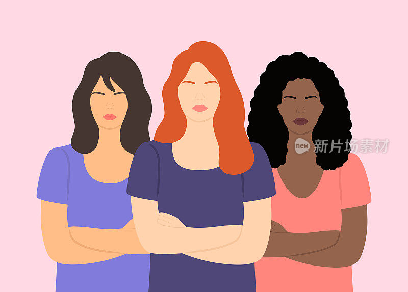 不同种族的女性站在一起。国际妇女节的概念。女性气质、独立、性别平等和女性赋权