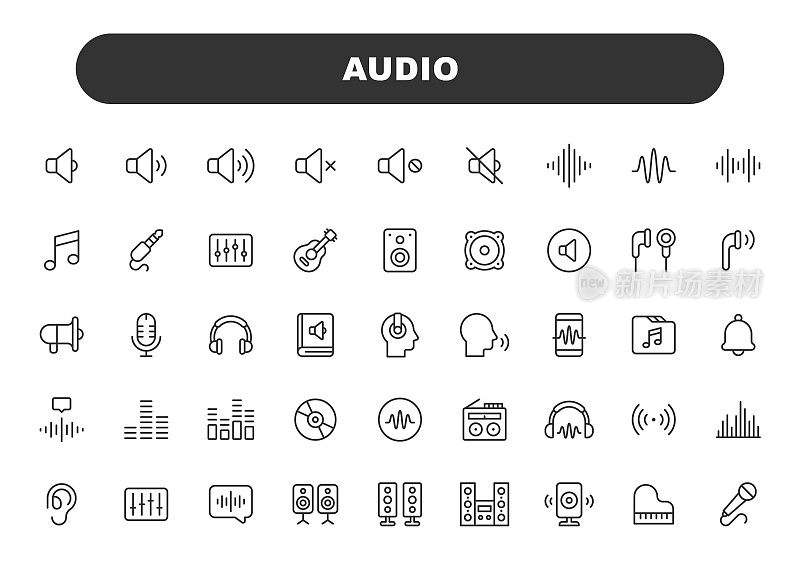 音频线路图标。可编辑的中风。包含诸如声音，音量，音乐，声波，立体声，混音器，扬声器，耳机，收音机，麦克风，耳机，说话等图标。