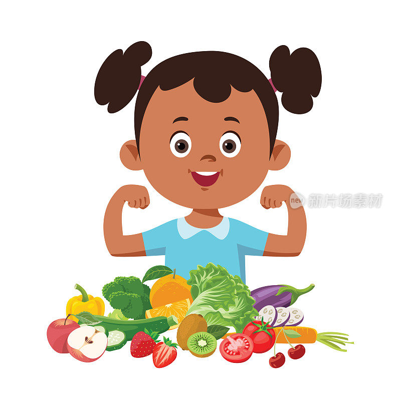 可爱的女孩吃新鲜的蔬菜和水果。