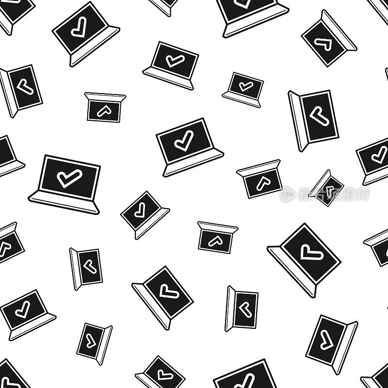 笔记本电脑与复选标记。无缝模式。白色背景的图标