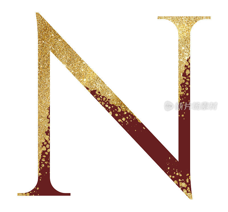 暗红色和金色闪耀的大写字母N具有分散效果，喜庆的设计元素