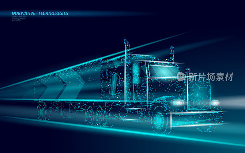 低聚运输抽象卡车。货车，快速交货，运输，物流。多边形深蓝色高速公路工业国际运输交通矢量图