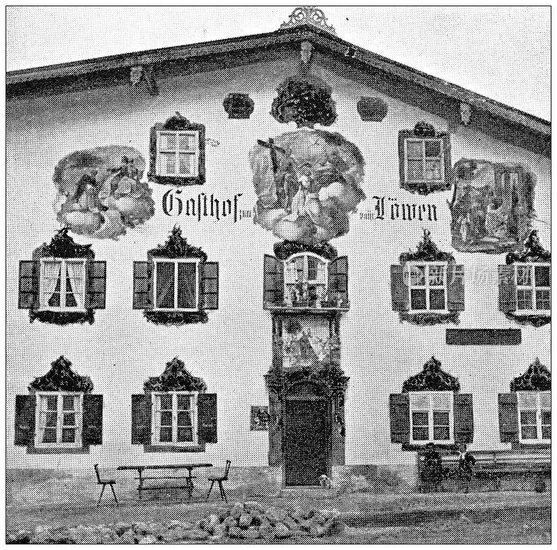 德国巴伐利亚州奥伯拉默高的古董旅行照片:壁画墙壁