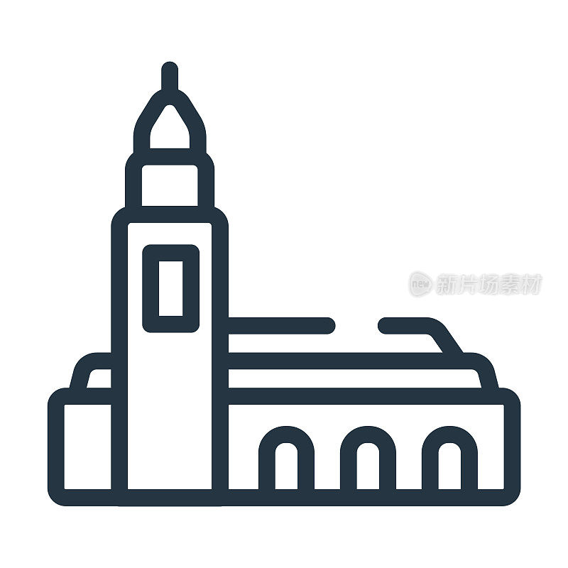 哈桑清真寺的细线图标。清真寺，旅游线性图标从纪念碑概念孤立的轮廓标志。矢量插图符号元素的网页设计和应用程序。