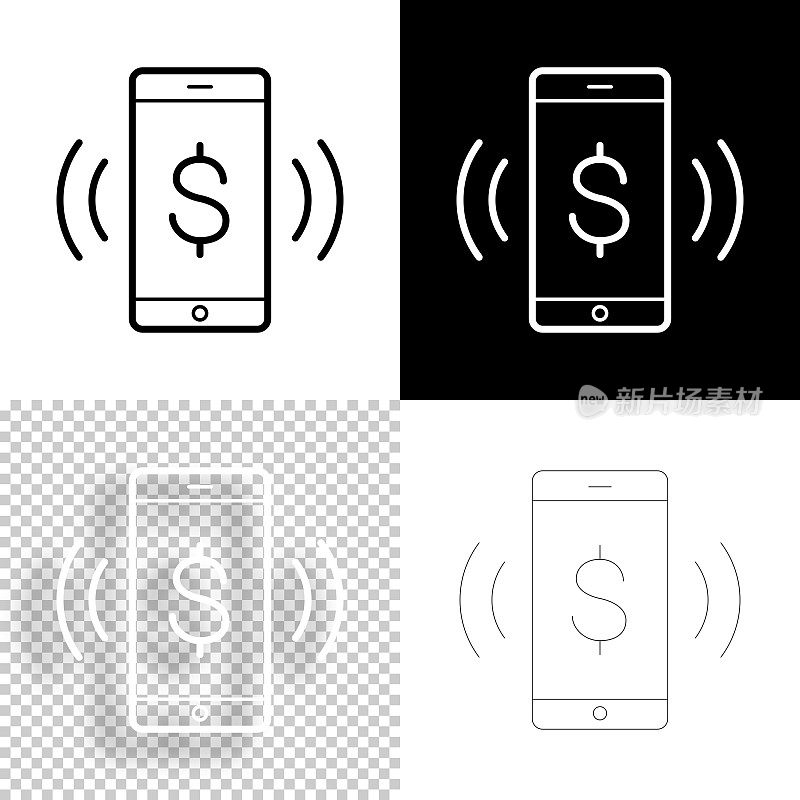智能手机响起美元符号。图标设计。空白，白色和黑色背景-线图标