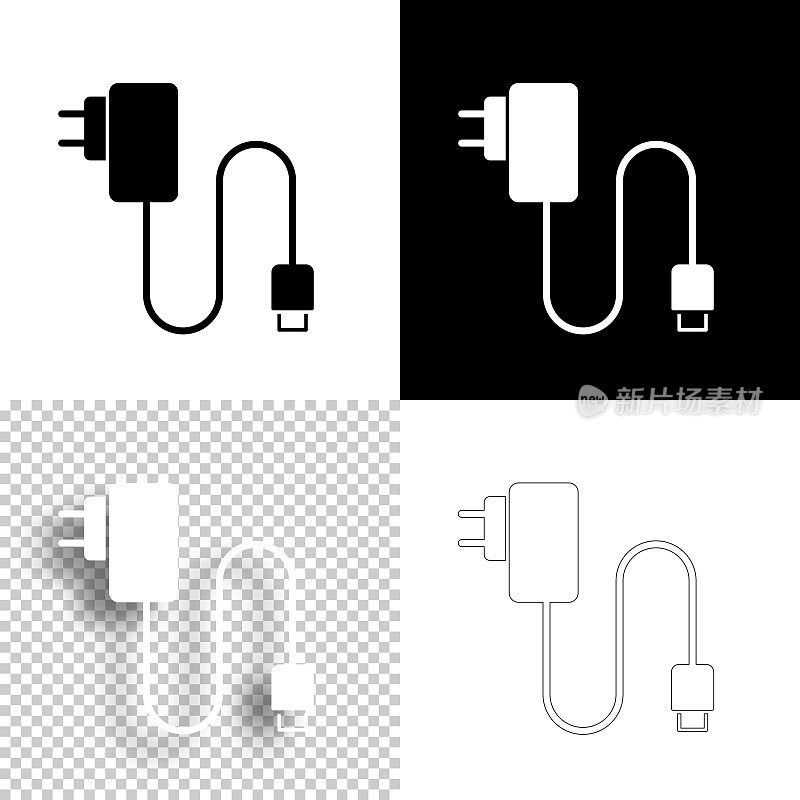 手机充电器。图标设计。空白，白色和黑色背景-线图标