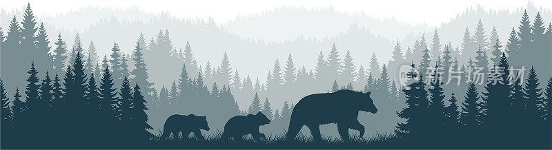 向量山森林林地背景纹理无缝图案与黑熊家族