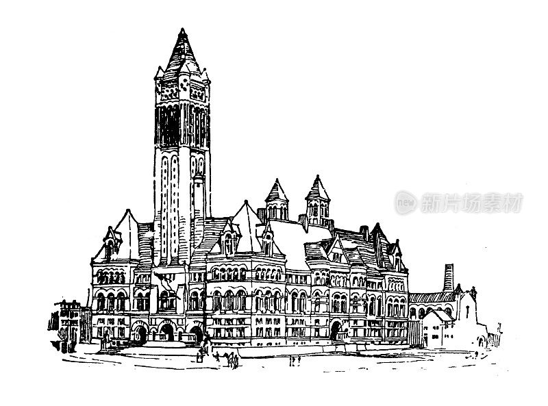 美国，宾夕法尼亚地标和公司的古董插图:匹兹堡，县法院