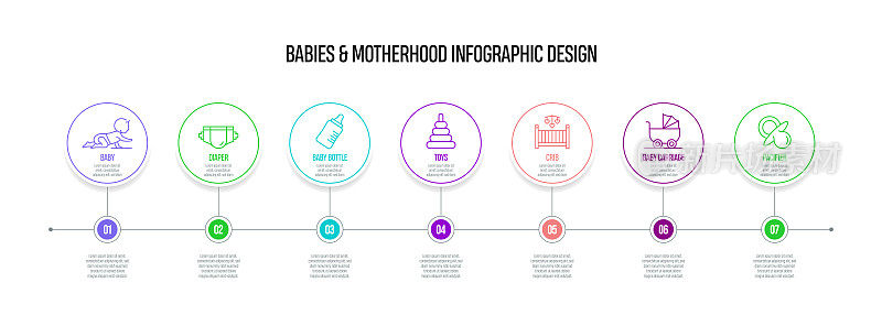 婴儿和母亲概念矢量线信息图形设计图标。7选项或步骤的介绍，横幅，工作流程布局，流程图等。