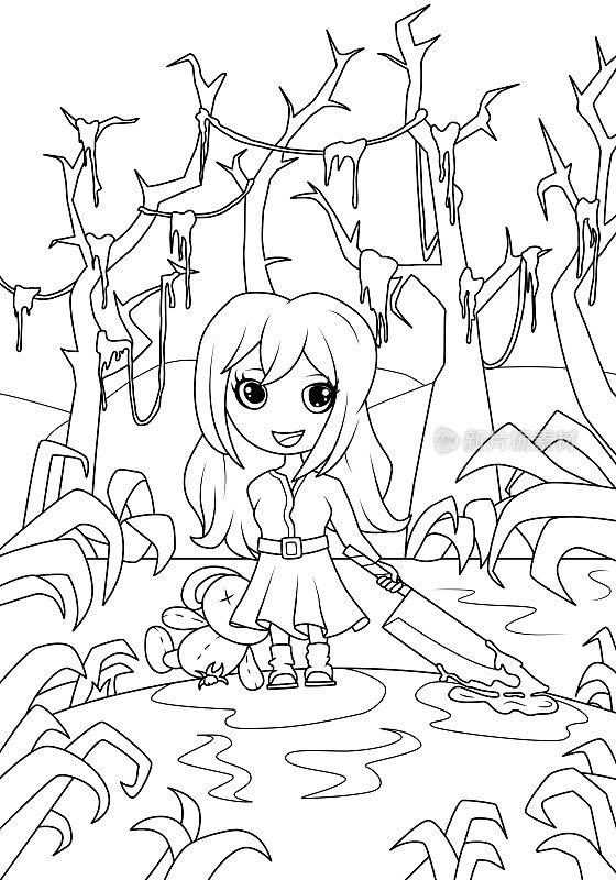可爱的女孩在森林里有一个柔软的玩具和一把刀。