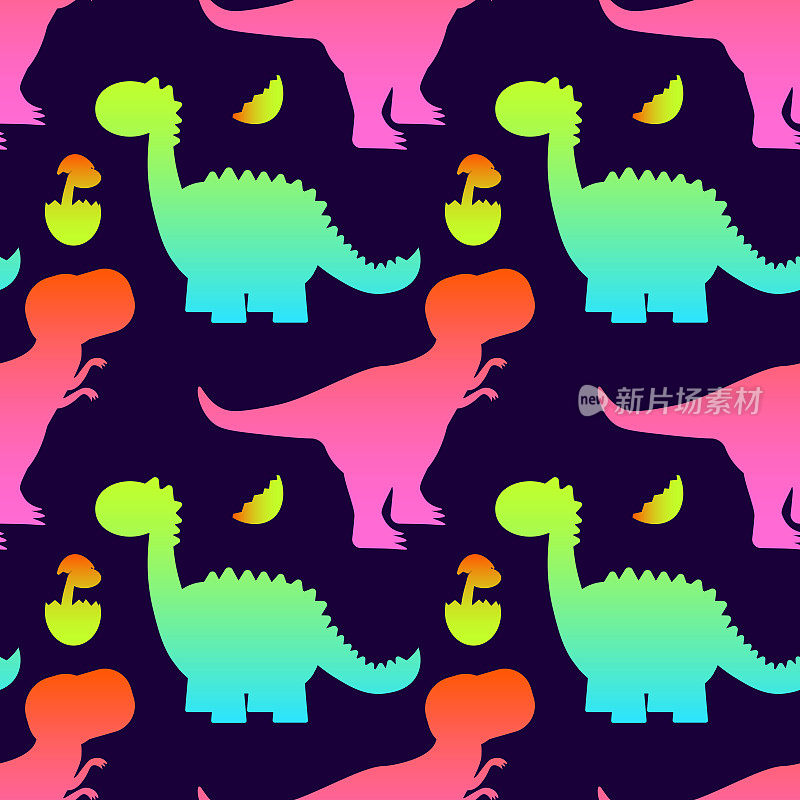彩色可爱的恐龙在黑暗的背景。向量无缝模式。有趣的纺织卡通儿童印花设计。霓虹色每股收益