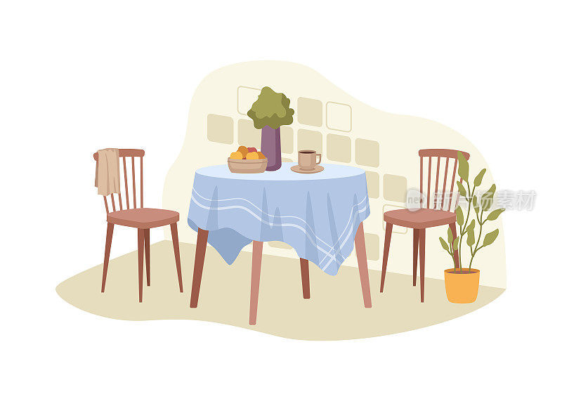 厨房、餐桌椅的室内设计，舒适的家居或餐厅环境。花瓶和水果，一杯咖啡或茶。现代公寓。矢量在平面风格的插图