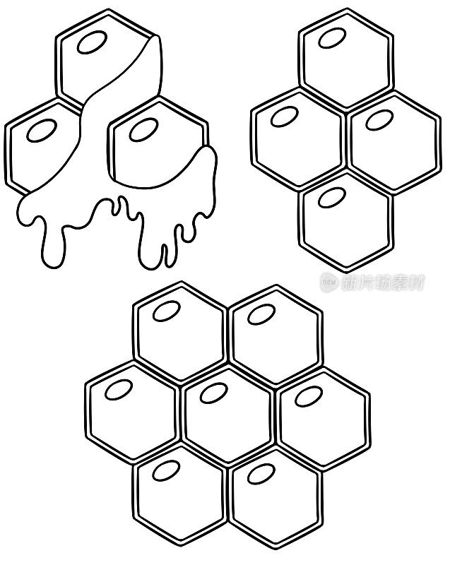 单色，一组带有蜂巢的卡通图片，蜂蜜从蜂巢中流出
