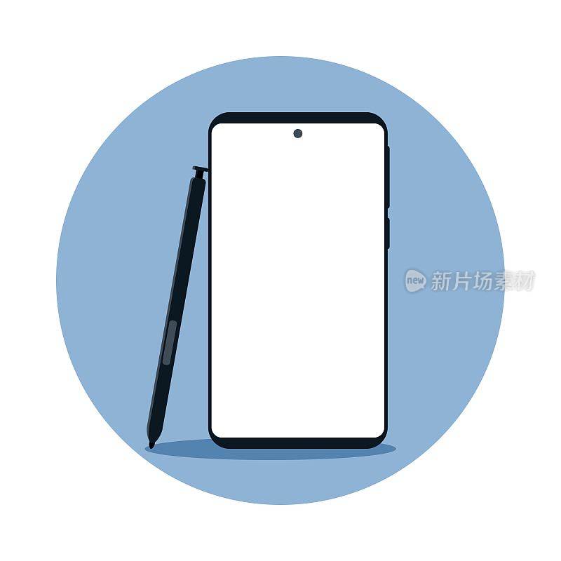 白色屏幕和手写笔的现代智能手机图标。时髦的平面设计。矢量图