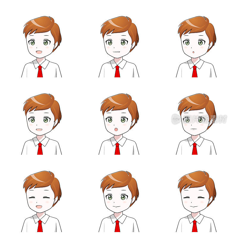插画集的男人在不同的嘴型(面部表情)(白色背景，矢量，剪切)(动漫，漫画触摸)