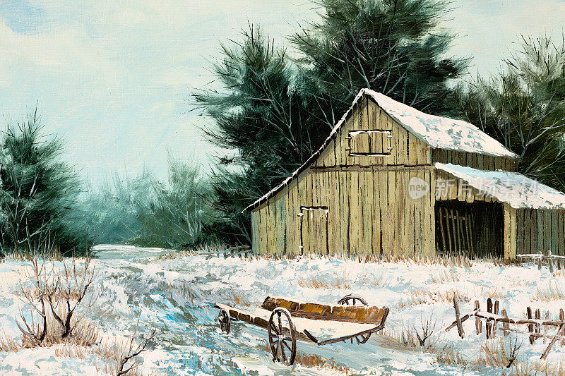 冬季风景与一幅谷仓和马车油画