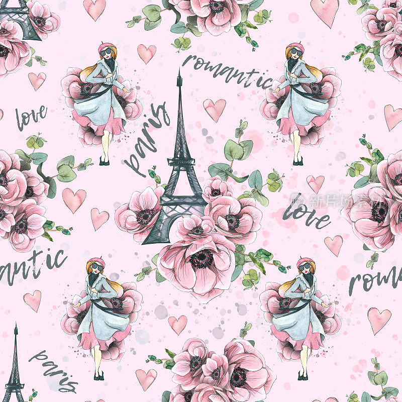 埃菲尔铁塔上有海葵花，桉树树枝和巴黎树。水彩插图在素描风格与图形元素。无缝图案来自巴黎的一大套。织物,纺织品