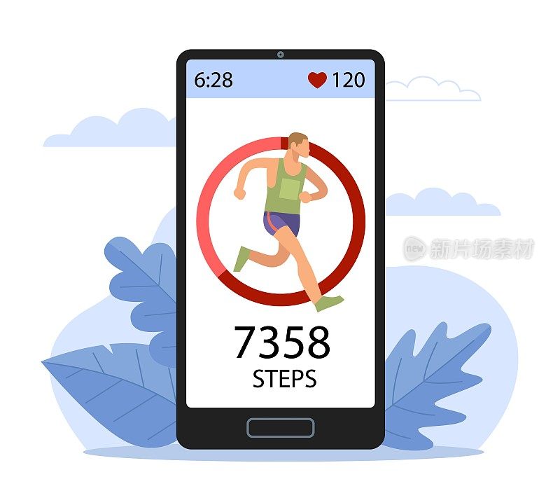 运动追踪器。心率监测装置，步数计数器，日常步数，智能手机设备屏幕上的跑步男子，应用程序设计。健身追踪app，矢量卡通平面概念