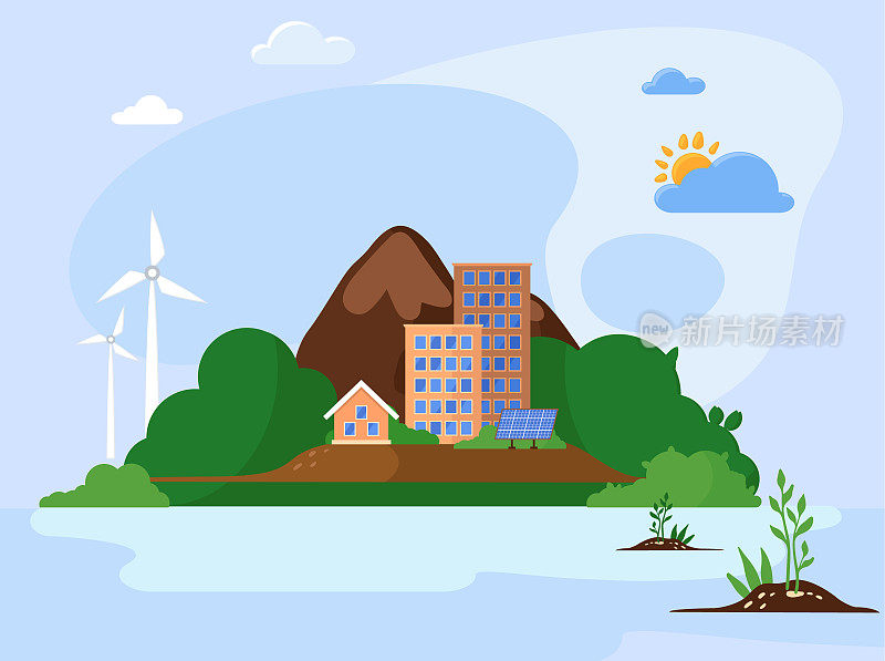 风能替代能源发电机，绿色矢量背景和太阳能电池板在自然景观