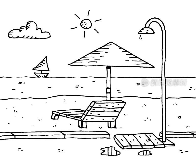 日光浴床，阳伞和海滩淋浴草图插图