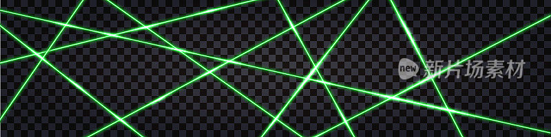 绿色的激光光束，发光的射线线。抽象的技术背景。安全扫描光网络系统。矢量图