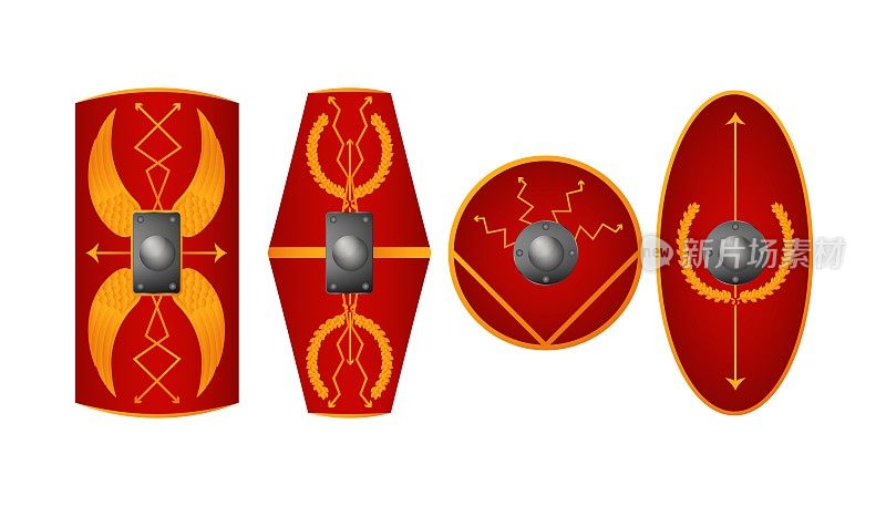罗马古董盾牌套装。红色的手几何板保护