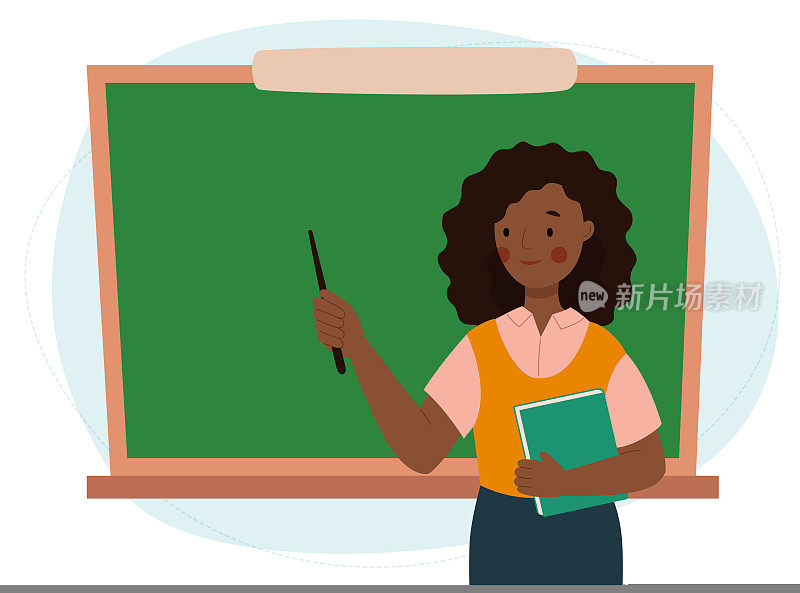 教室里的女老师。一个非洲妇女在黑板上用指针指着什么东西。学校和学习理念。老师的一天。