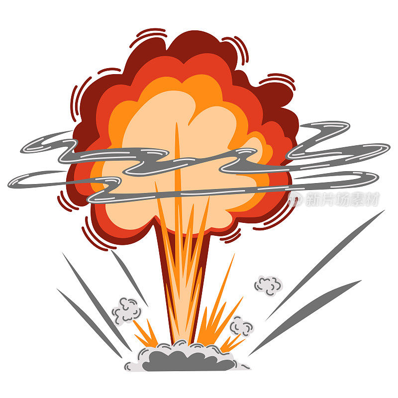 爆炸。漫画中的炸药或炸弹爆炸、起火。爆炸云和烟雾元素。危险的炸药爆炸，原子弹爆炸。矢量手绘插图。