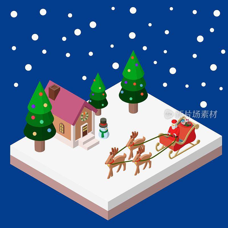 圣诞老人和他的驯鹿在大雪中分发圣诞礼物的等距插画。